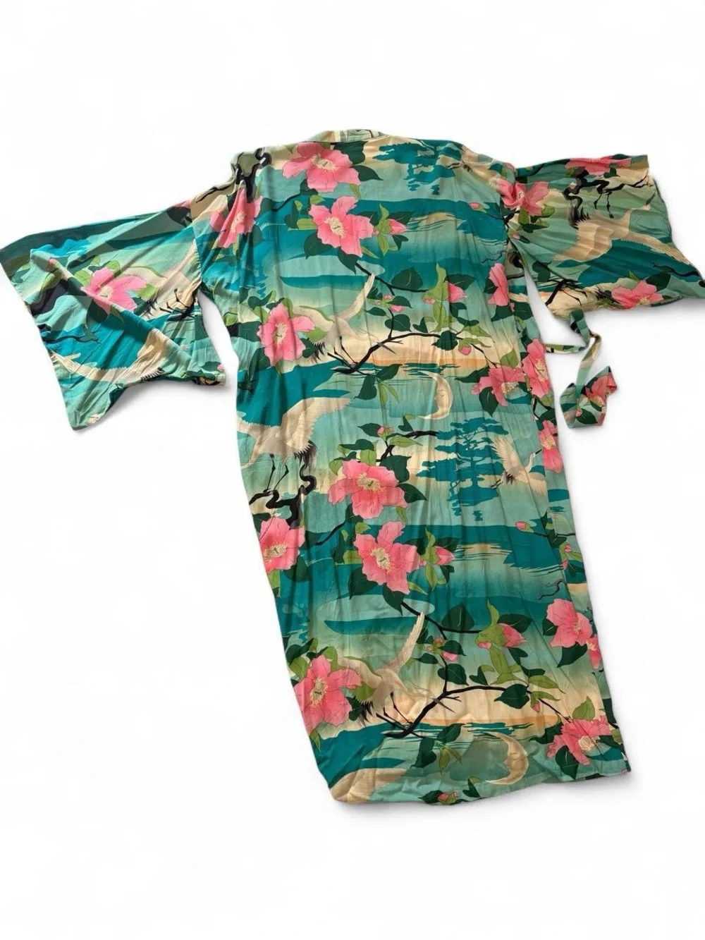 Kimono Style Floral Crane Robe Ocean Print Japanese Inspired Cover Up S/M - Picture 2 of 8